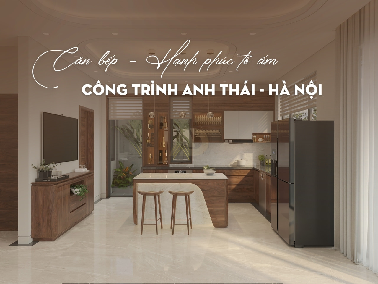 THIẾT KẾ NỘI THẤT PHÒNG BẾP GỖ ÓC CHÓ NHÀ ANH THÁI – NAM TỪ LIÊM, HÀ NỘI