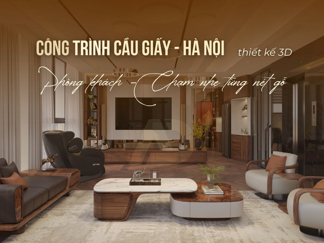 NỘI THẤT PHÒNG KHÁCH GỖ ÓC CHÓ NHÀ ANH LONG - CẦU GIẤY